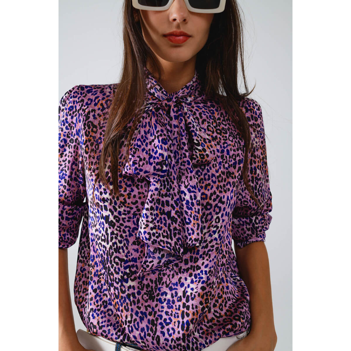 Tie Neck Animal Print Blouse purple front