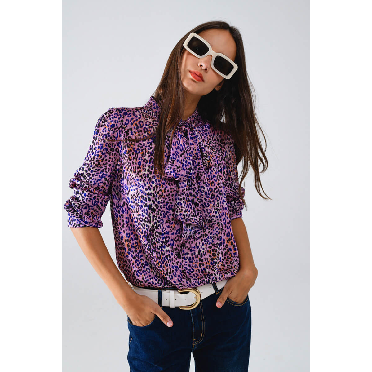 Tie Neck Animal Print Blouse purple front