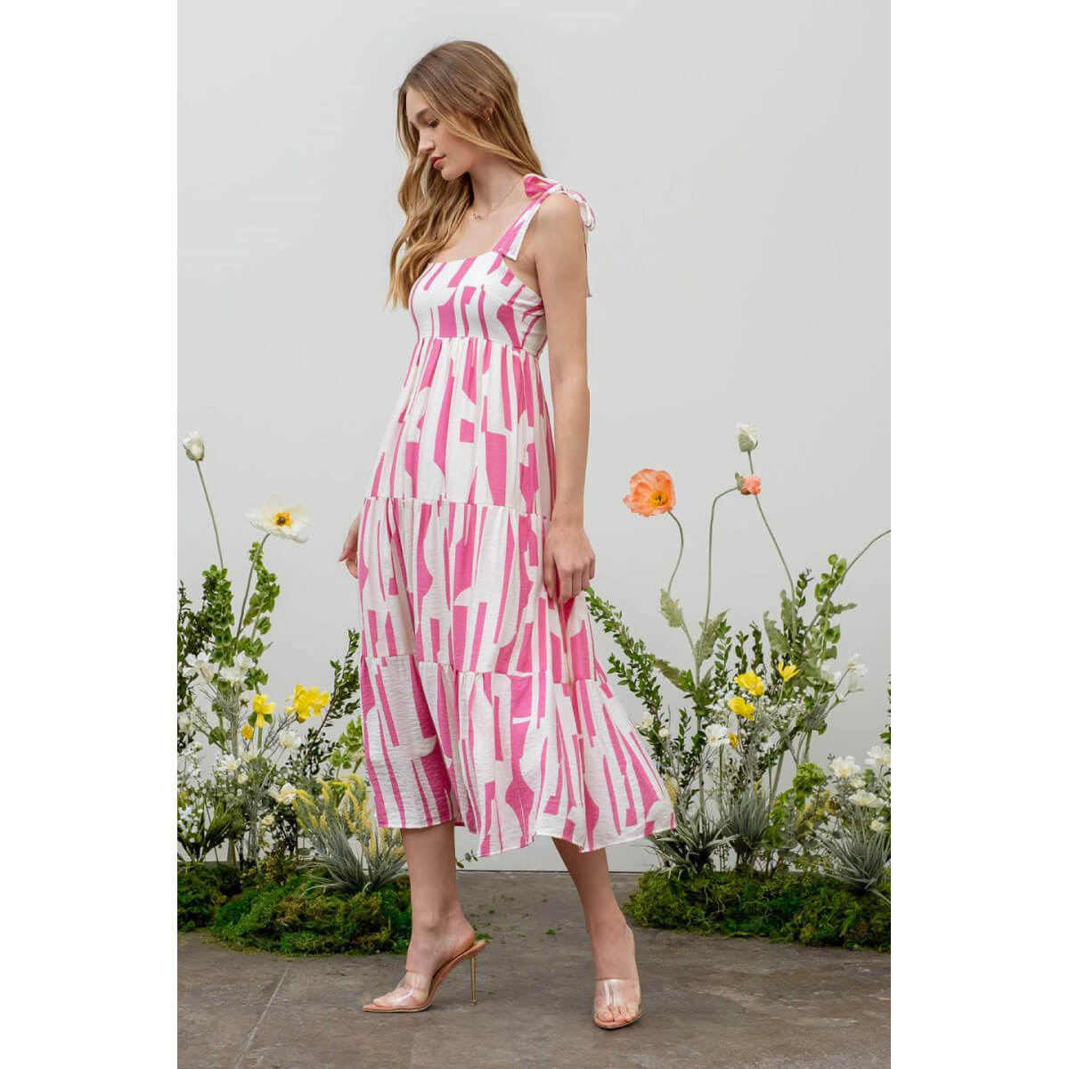 Tiered Abstract Print Midi Dress pink front | MILK MONEY milkmoney.co | cute clothes for women. womens online clothing. trendy online clothing stores. womens casual clothing online. trendy clothes online. trendy women's clothing online. ladies online clothing stores. trendy women's clothing stores. cute female clothes.