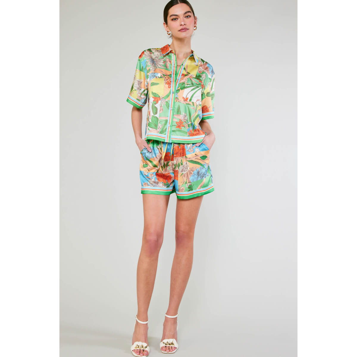Tropical Color Block Print Button Up Top