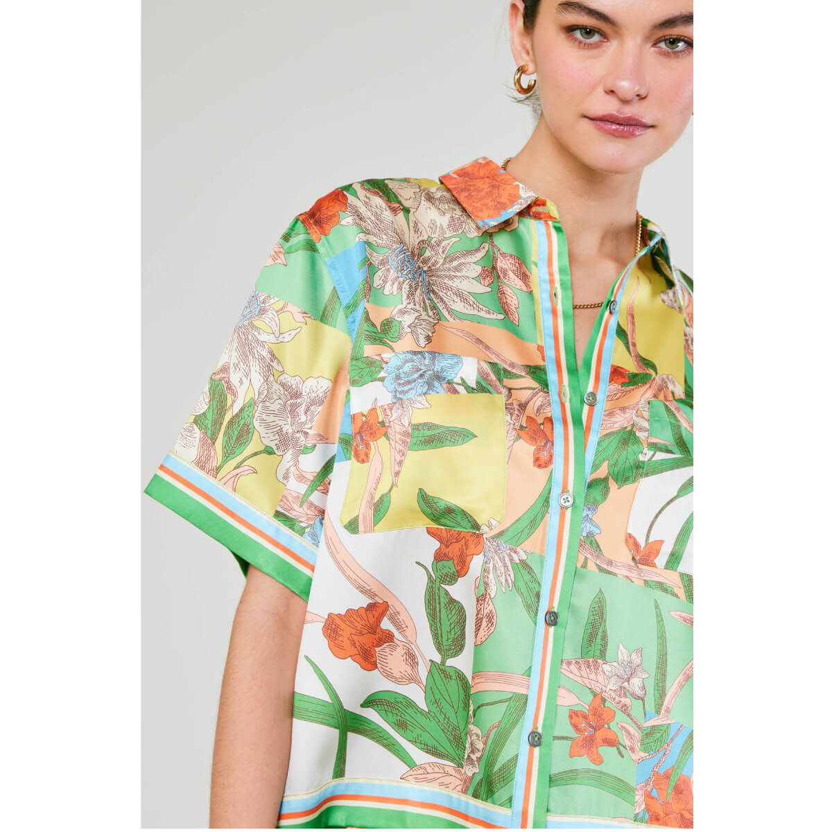 Tropical Color Block Print Button Up Top