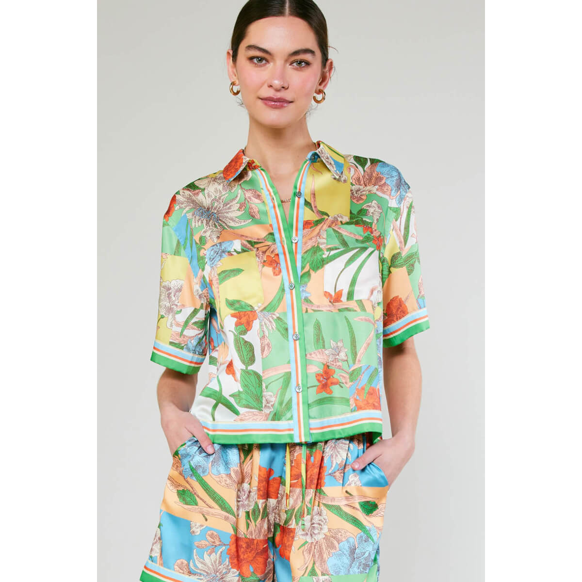 Tropical Color Block Print Button Up Top