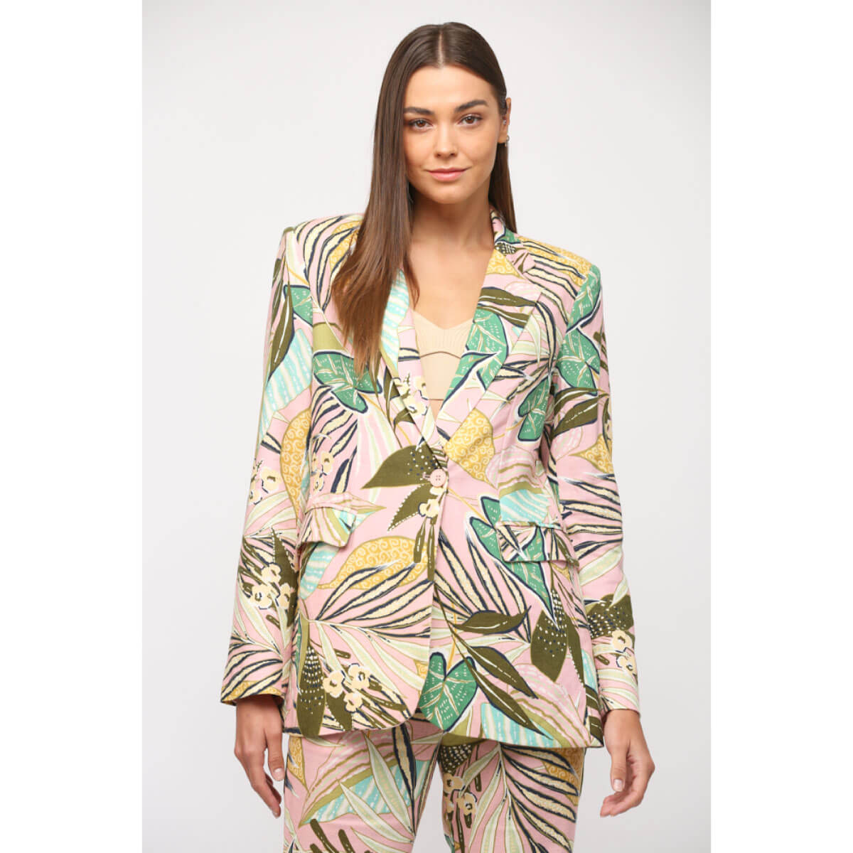 Tropical Print Linen Blazer pink front | MILK MONEY milkmoney.co | cute clothes for women. womens online clothing. trendy online clothing stores. womens casual clothing online. trendy clothes online. trendy women's clothing online. ladies online clothing stores. trendy women's clothing stores. cute female clothes.