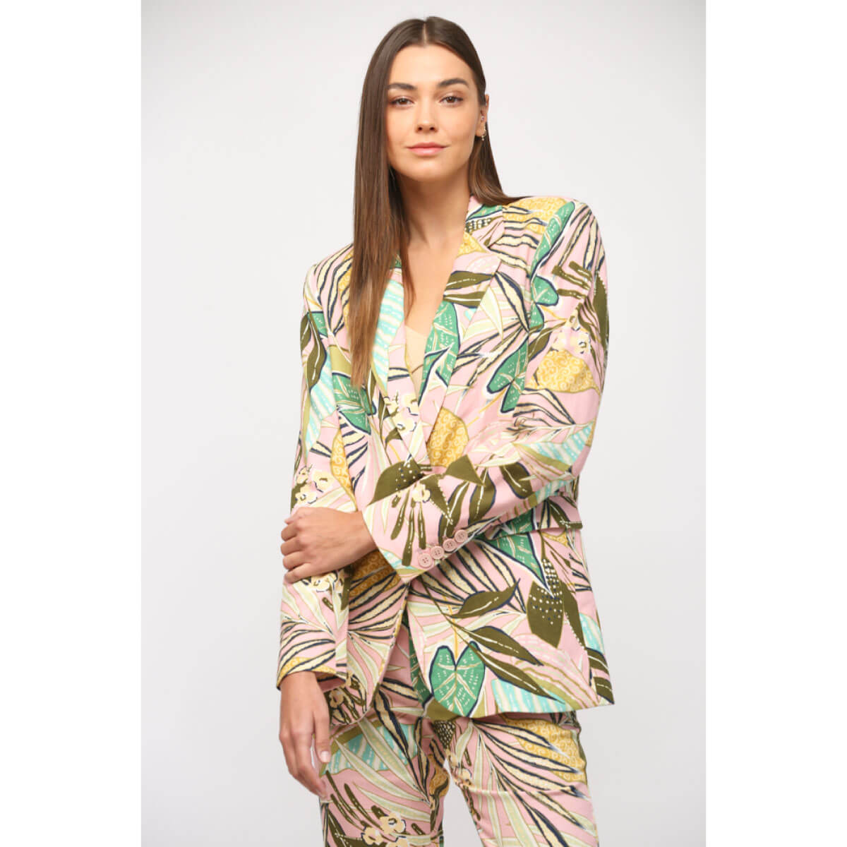 Tropical Print Linen Blazer pink front | MILK MONEY milkmoney.co | cute clothes for women. womens online clothing. trendy online clothing stores. womens casual clothing online. trendy clothes online. trendy women's clothing online. ladies online clothing stores. trendy women's clothing stores. cute female clothes.
