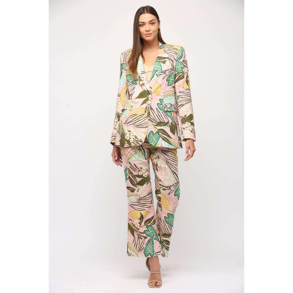 Tropical Print Linen Blazer pink front | MILK MONEY milkmoney.co | cute clothes for women. womens online clothing. trendy online clothing stores. womens casual clothing online. trendy clothes online. trendy women's clothing online. ladies online clothing stores. trendy women's clothing stores. cute female clothes.