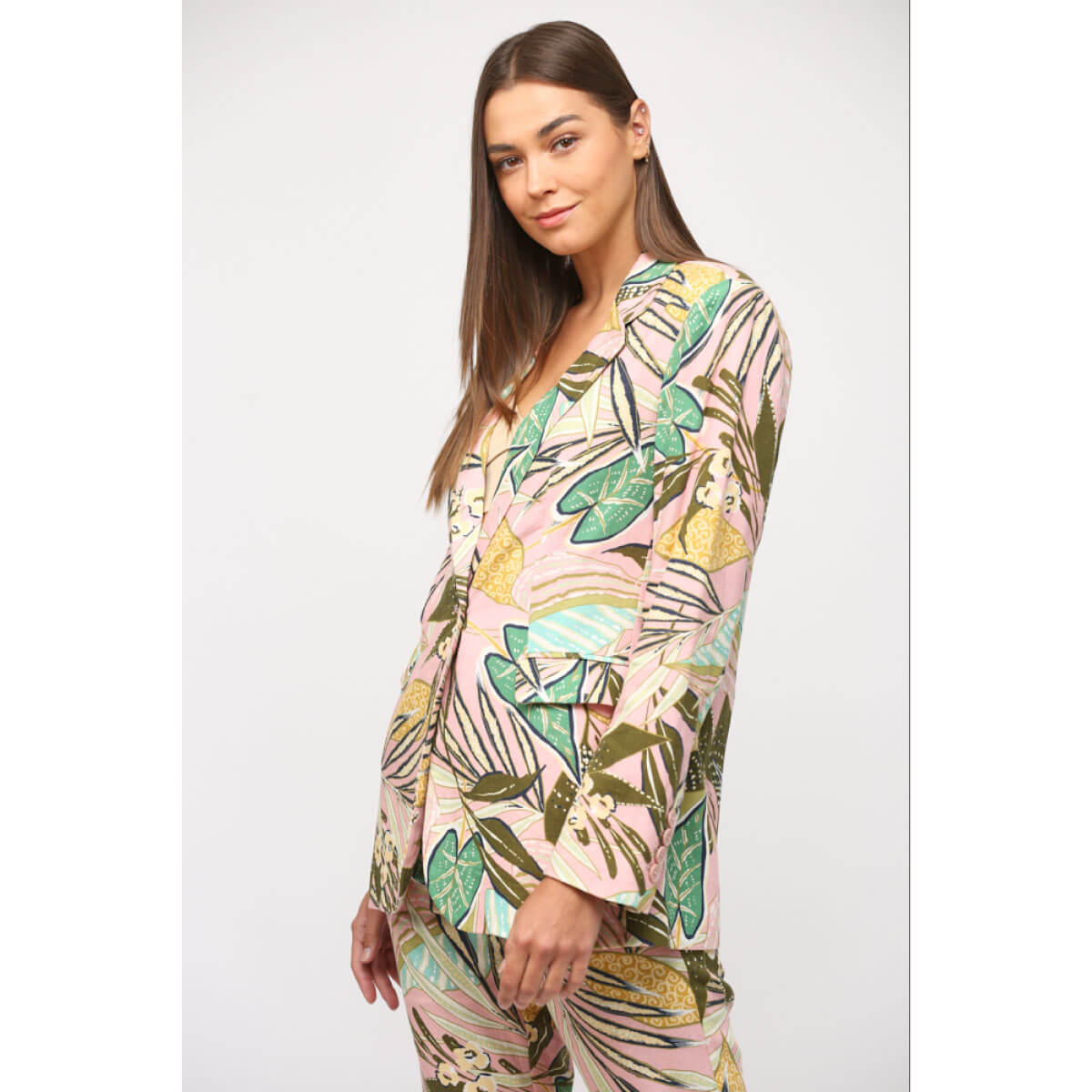 Tropical Print Linen Blazer pink side | MILK MONEY milkmoney.co | cute clothes for women. womens online clothing. trendy online clothing stores. womens casual clothing online. trendy clothes online. trendy women's clothing online. ladies online clothing stores. trendy women's clothing stores. cute female clothes.