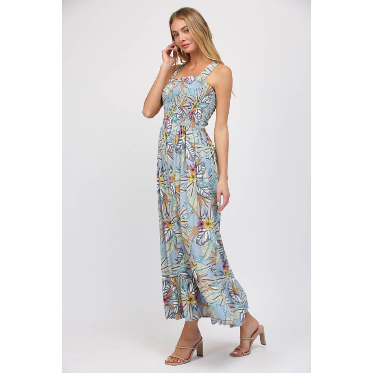 Tropical Print Linen Maxi Dress