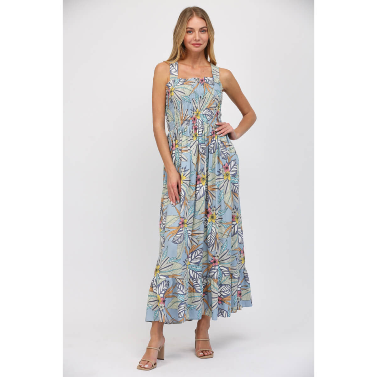 Tropical Print Linen Maxi Dress