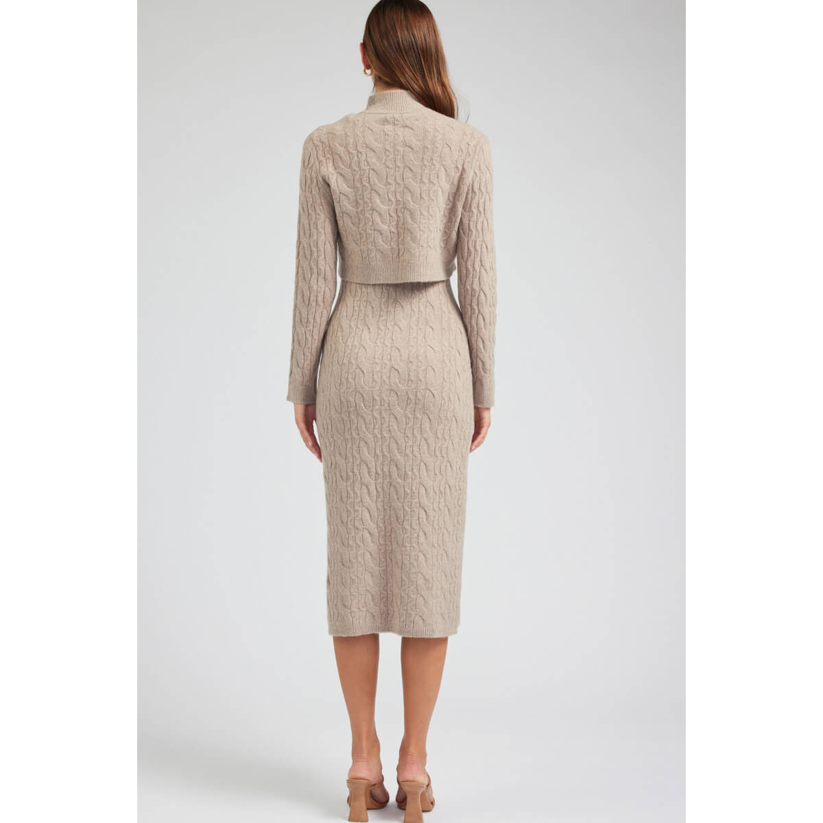 Two Piece Cable Knit Sweater Midi Dress beige back | MILK MONEY milkmoney.co | cute clothes for women. womens online clothing. trendy online clothing stores. womens casual clothing online. trendy clothes online. trendy women's clothing online. ladies online clothing stores. trendy women's clothing stores. cute female clothes.