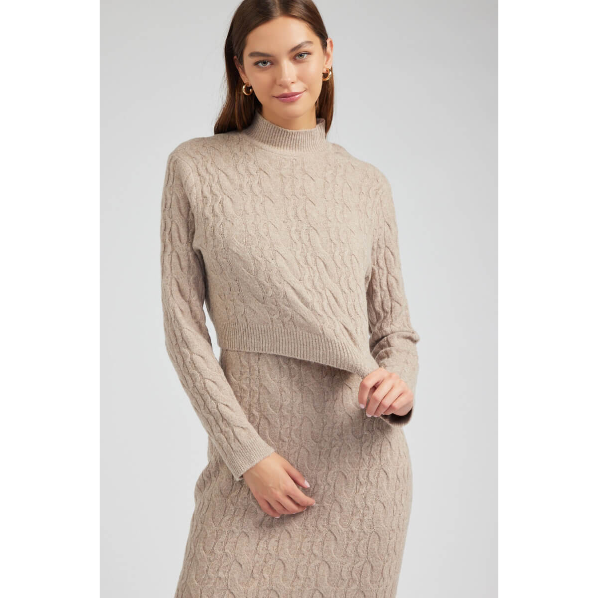 Two Piece Cable Knit Sweater Midi Dress beige front | MILK MONEY milkmoney.co | cute clothes for women. womens online clothing. trendy online clothing stores. womens casual clothing online. trendy clothes online. trendy women's clothing online. ladies online clothing stores. trendy women's clothing stores. cute female clothes.