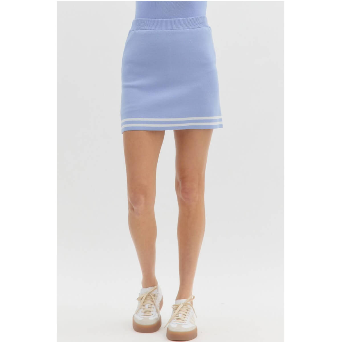 Varsity Stripe Knit Skort blue front | MILK MONEY milkmoney.co | cute clothes for women. womens online clothing. trendy online clothing stores. womens casual clothing online. trendy clothes online. trendy women's clothing online. ladies online clothing stores. trendy women's clothing stores. cute female clothes.