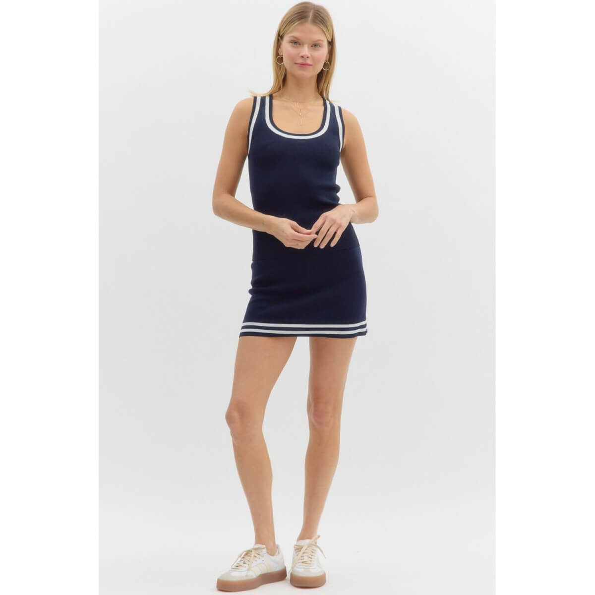 Varsity Stripe Knit Tank Top navy front | MILK MONEY milkmoney.co | cute tops for women. trendy tops for women. cute blouses for women. stylish tops for women. pretty womens tops.