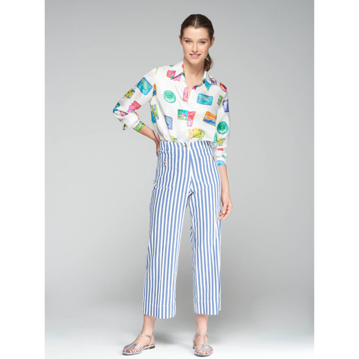 Vilagallo Dorin Striped Trouser with Lobster Button Detail blue front | MILK MONEY milkmoney.co | cute pants for women. cute trendy pants.