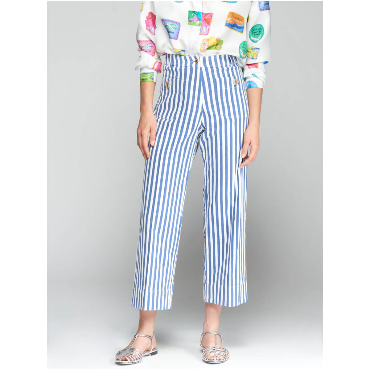 Vilagallo Dorin Striped Trouser with Lobster Button Detail blue front| MILK MONEY milkmoney.co | cute pants for women. cute trendy pants.