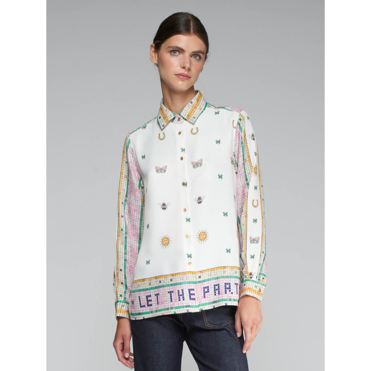 Vilagallo Estampado Mosaico Print Flowy Blouse white front | MILK MONEY milkmoney.co | cute clothes for women. womens online clothing. trendy online clothing stores. womens casual clothing online. trendy clothes online. trendy women's clothing online. ladies online clothing stores. trendy women's clothing stores. cute female clothes.