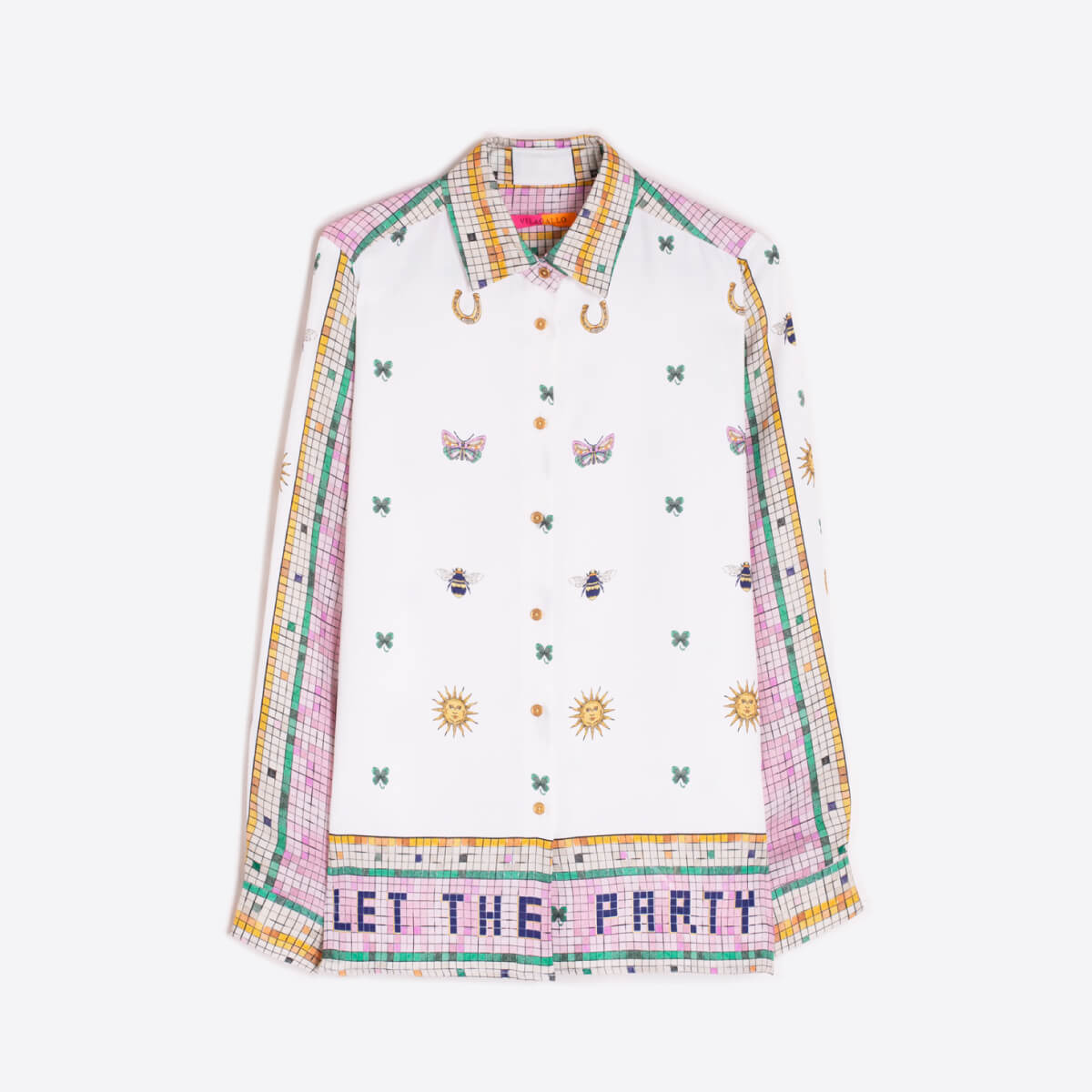 Vilagallo Estampado Mosaico Print Flowy Blouse front white | MILK MONEY milkmoney.co | cute clothes for women. womens online clothing. trendy online clothing stores. womens casual clothing online. trendy clothes online. trendy women's clothing online. ladies online clothing stores. trendy women's clothing stores. cute female clothes.