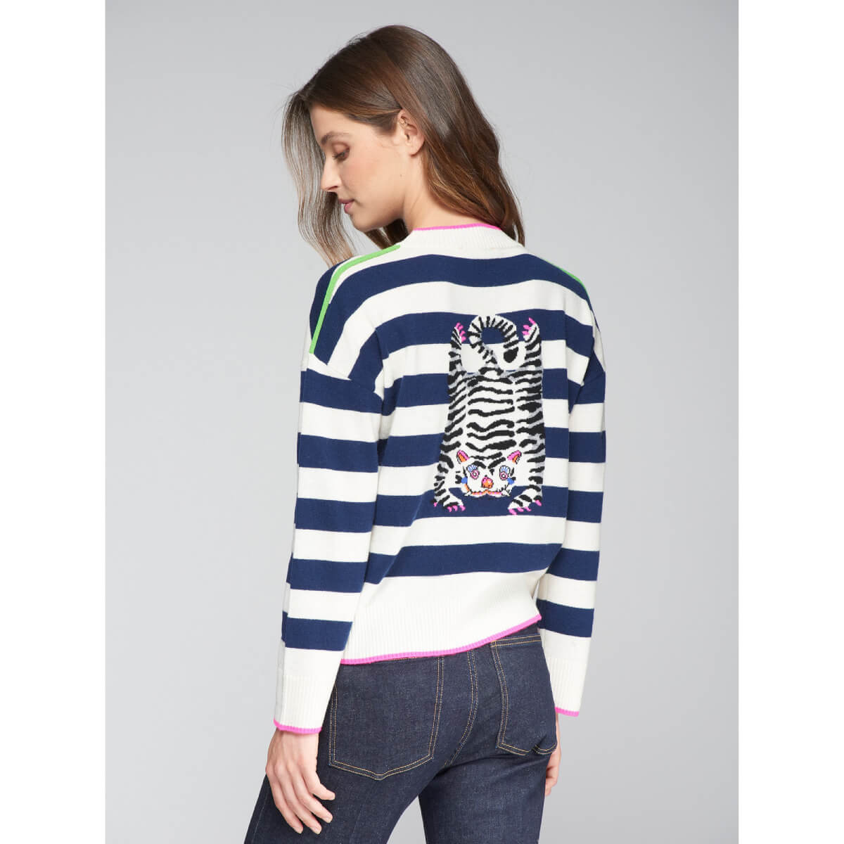 Vilagallo Fabiola Striped Tiger Crew Neck Sweater back white | MILK MONEY milkmoney.co | cute tops for women. trendy tops for women. cute blouses for women. stylish tops for women. pretty womens tops.