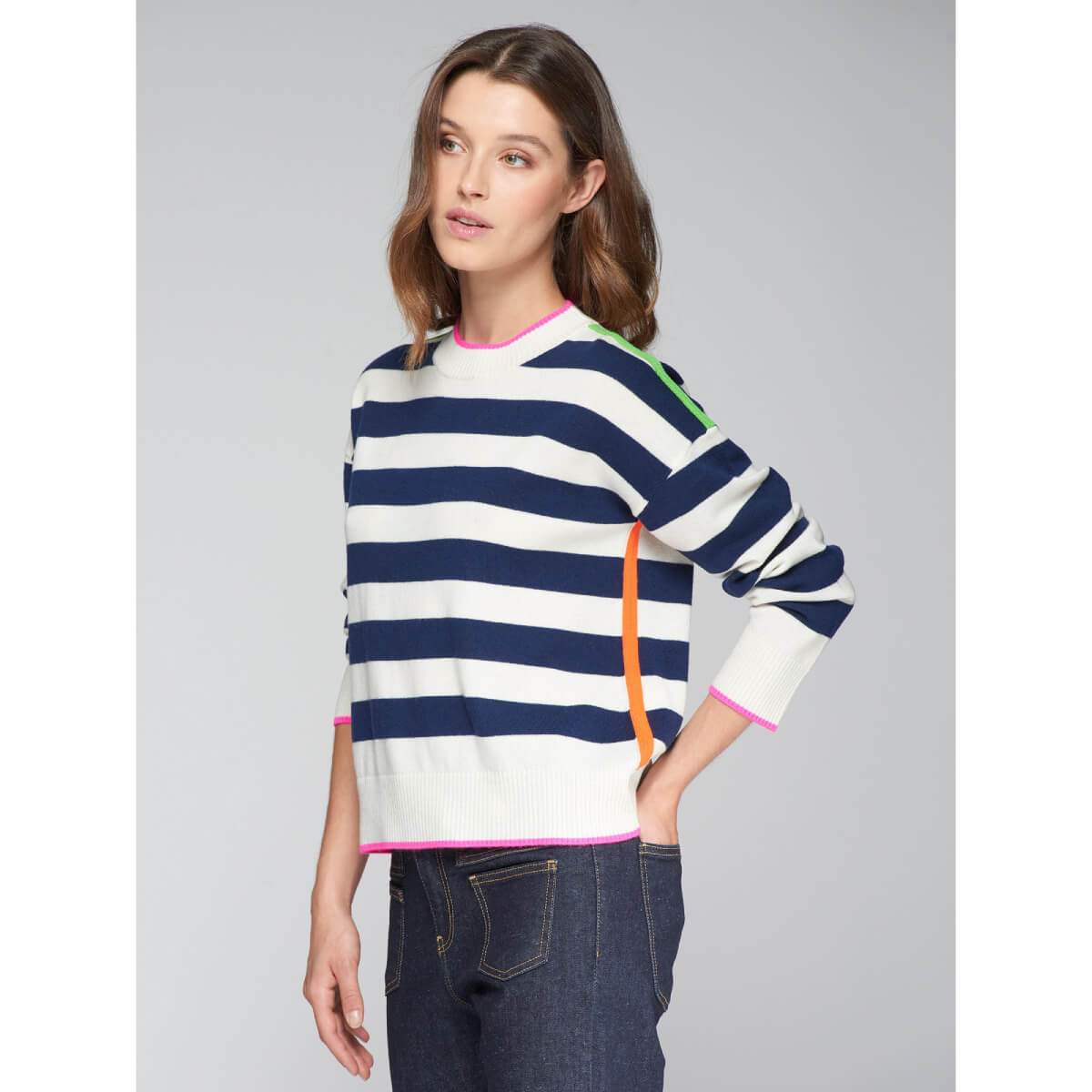 Vilagallo Fabiola Striped Tiger Crew Neck Sweater side white | MILK MONEY milkmoney.co | cute tops for women. trendy tops for women. cute blouses for women. stylish tops for women. pretty womens tops.