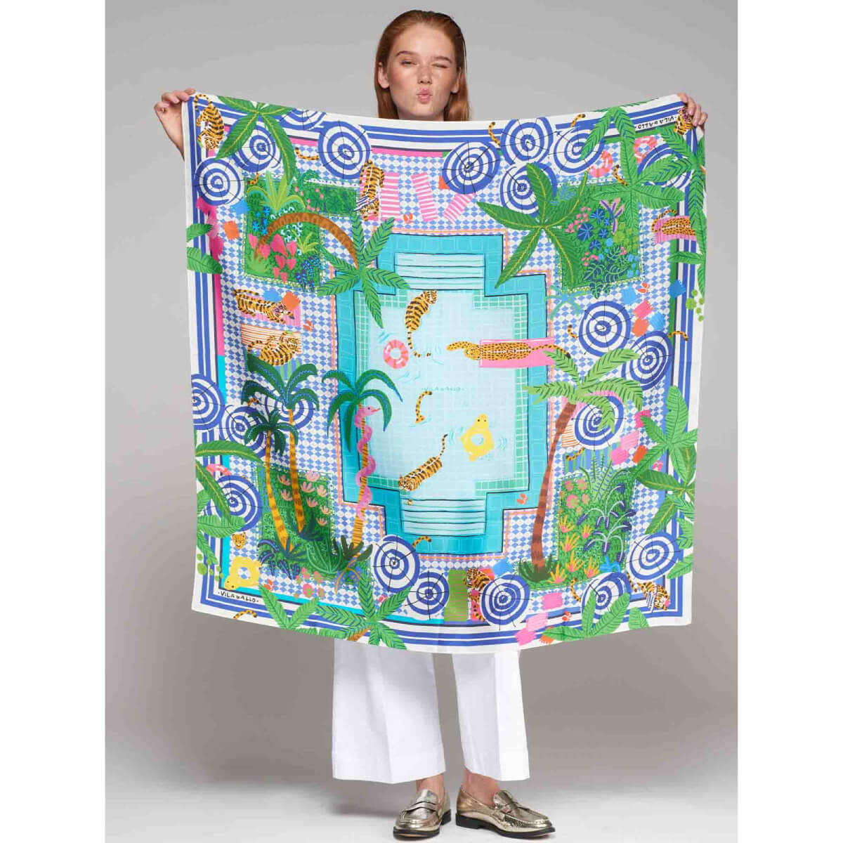 Vilagallo Foulard Piscina Silk Scarf front blue | MILK MONEY milkmoney.co | women's accessories. cute accessories. trendy accessories. cute accessories for girls. ladies accessories. women's fashion accessories.