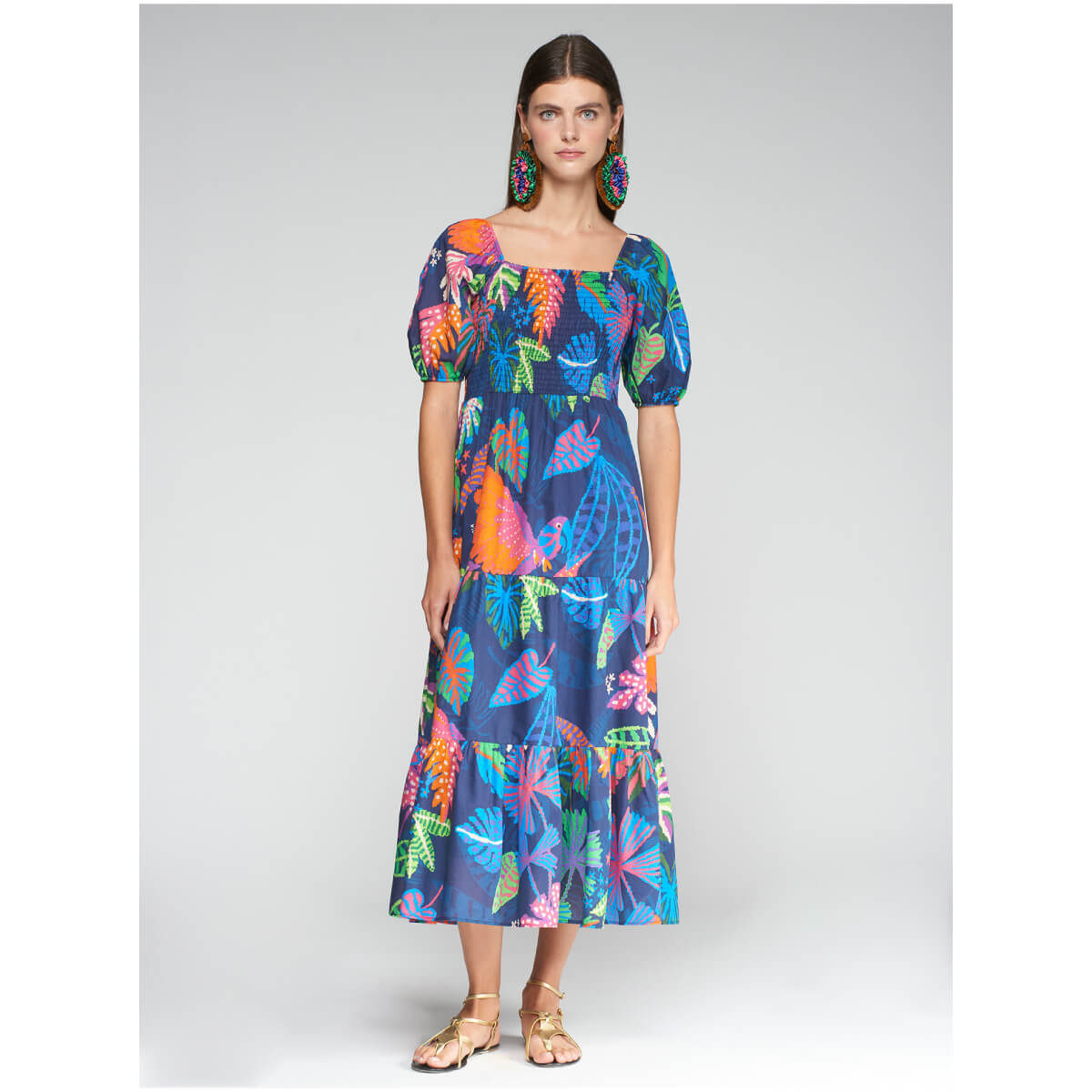 Vilagallo Jungla Tropical Print Midi Dress blue front | MILK MONEY milkmoney.co | cute clothes for women. womens online clothing. trendy online clothing stores. womens casual clothing online. trendy clothes online. trendy women's clothing online. ladies online clothing stores. trendy women's clothing stores. cute female clothes.