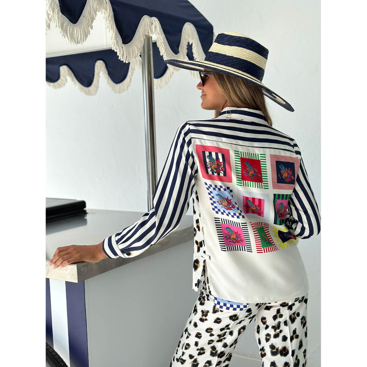 Vilagallo Striped Tea Flores Leopard Button Down Blouse white back | MILK MONEY milkmoney.co | cute tops for women. trendy tops for women. cute blouses for women. stylish tops for women. pretty womens tops.