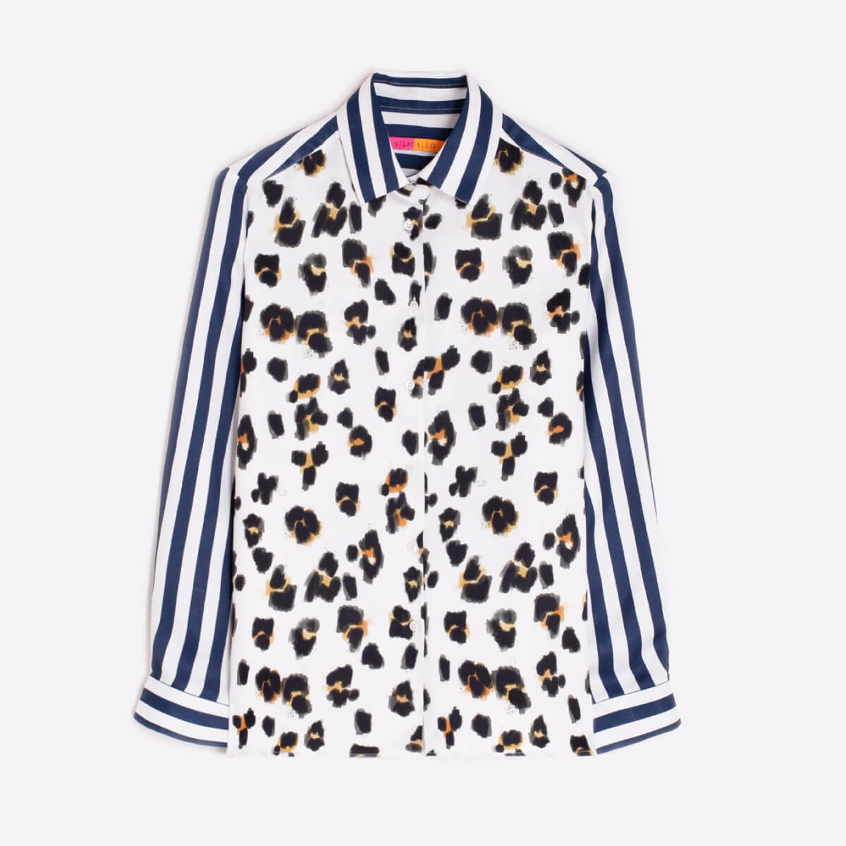 Vilagallo Striped Tea Flores Leopard Button Down Blouse white front | MILK MONEY milkmoney.co | cute tops for women. trendy tops for women. cute blouses for women. stylish tops for women. pretty womens tops.