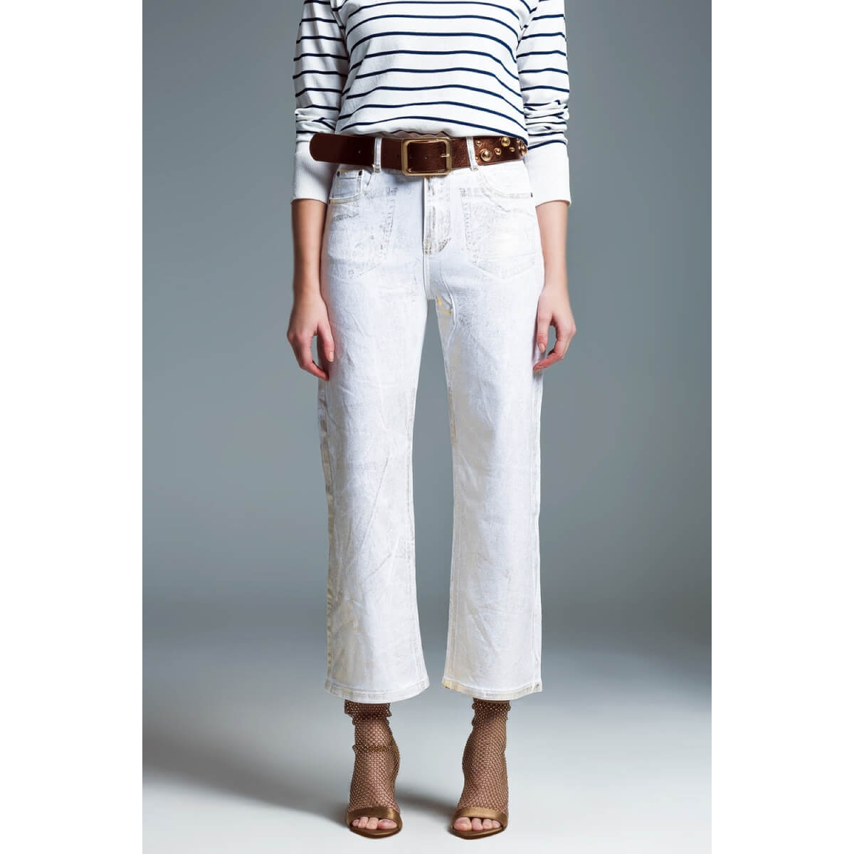 Wide Leg Jeans With Metallic Distress white front | MILK MONEY milkmoney.co | cute clothes for women. womens online clothing. trendy online clothing stores. womens casual clothing online. trendy clothes online. trendy women's clothing online. ladies online clothing stores. trendy women's clothing stores. cute female clothes.
