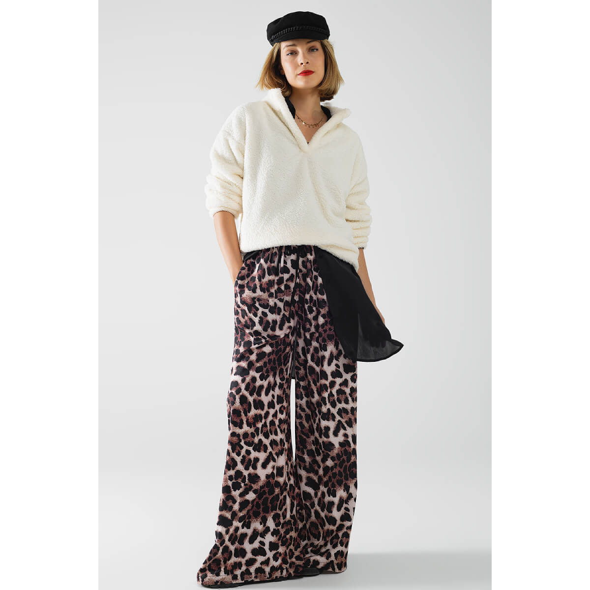 Wide Leg Leopard Pants with Satin Side Stripe brown front | MILK MONEY milkmoney.co | cute pants for women. cute trendy pants.