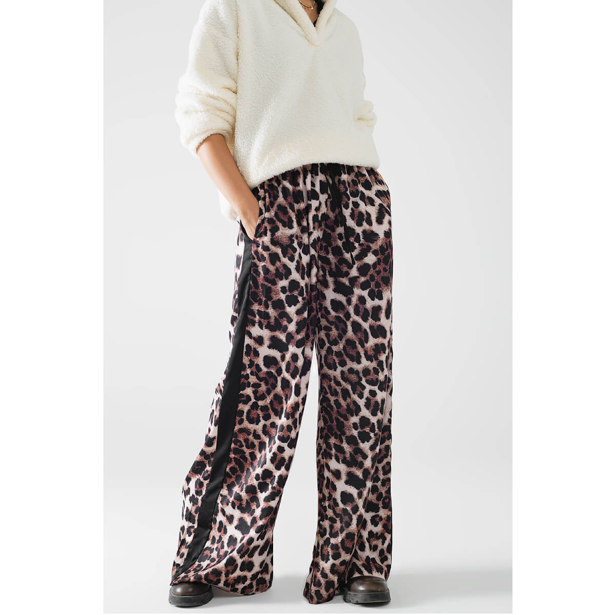 Wide Leg Leopard Pants with Satin Side Stripe brown front | MILK MONEY milkmoney.co | cute pants for women. cute trendy pants.
