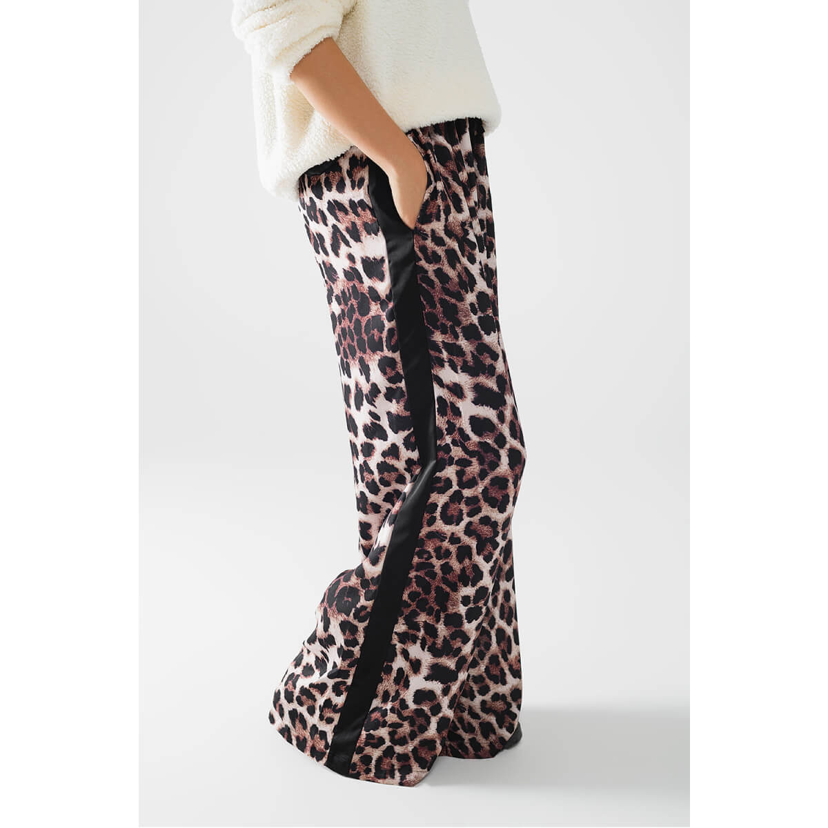 Wide Leg Leopard Pants with Satin Side Stripe brown side | MILK MONEY milkmoney.co | cute pants for women. cute trendy pants.