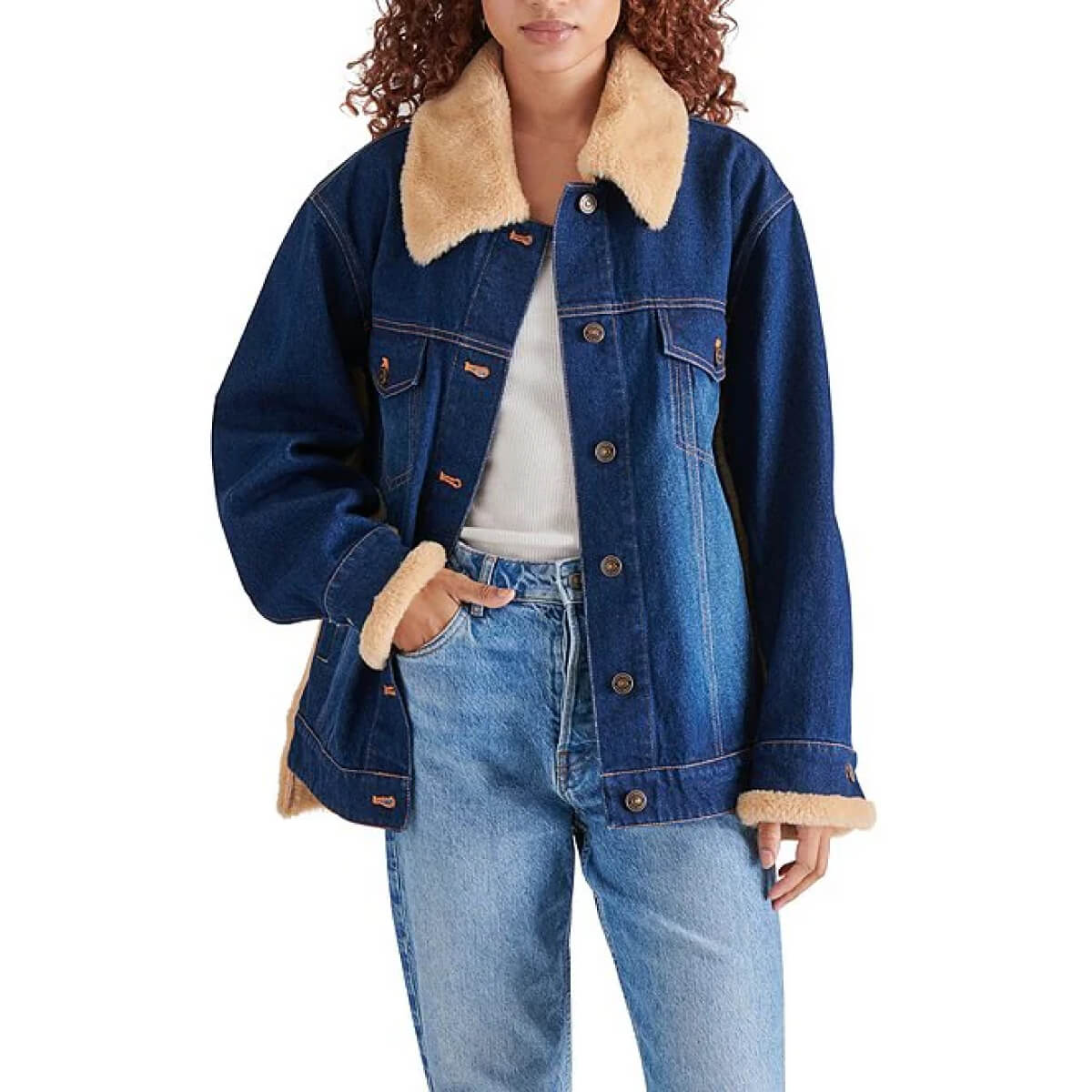 Winona Denim Faux Fur Jacket blue front | MILK MONEY milkmoney.co | cute jackets for women. cute coats. cool jackets for women. stylish jackets for women. trendy jackets for women. trendy womens coats.