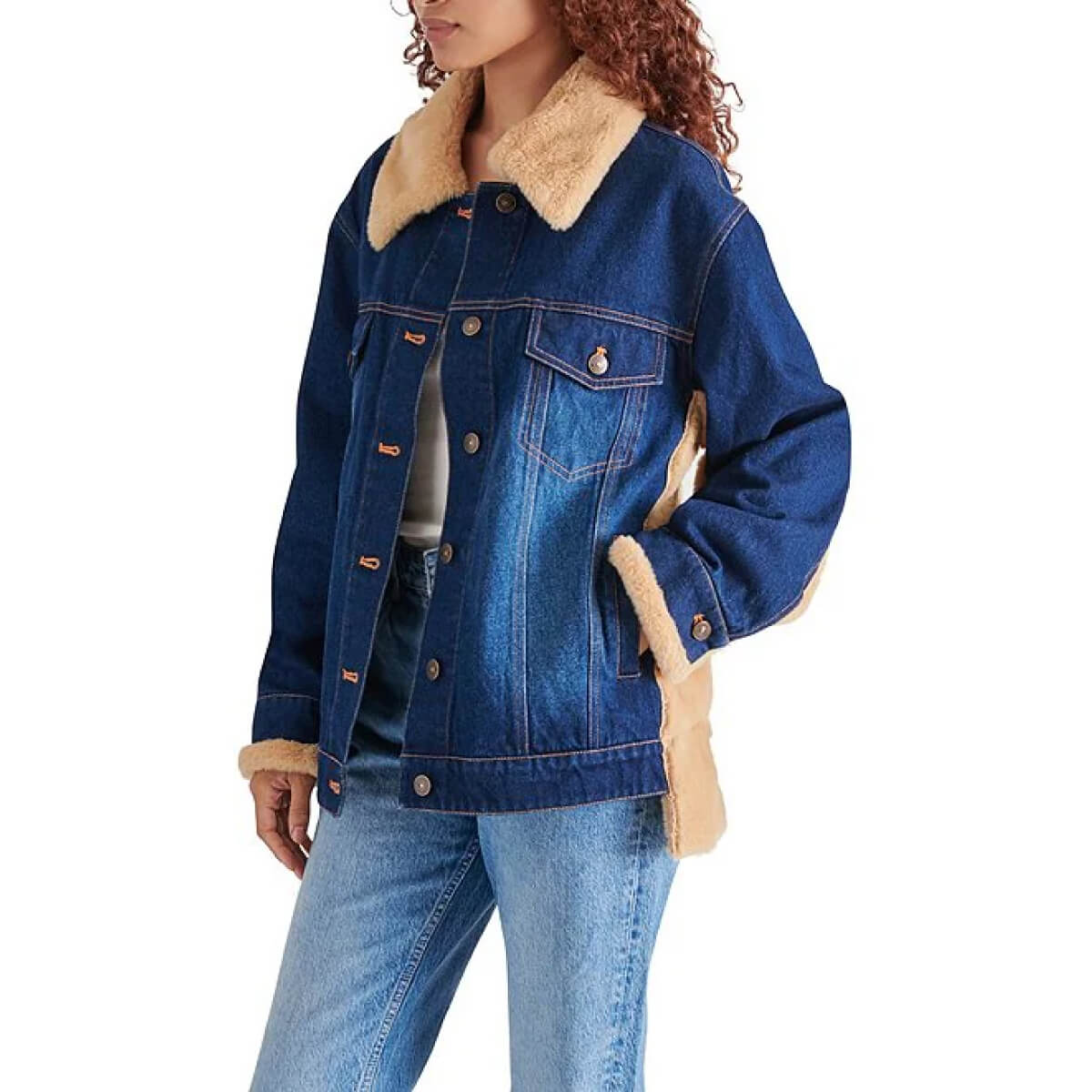 Winona Denim Faux Fur Jacket blue side | MILK MONEY milkmoney.co | cute jackets for women. cute coats. cool jackets for women. stylish jackets for women. trendy jackets for women. trendy womens coats.