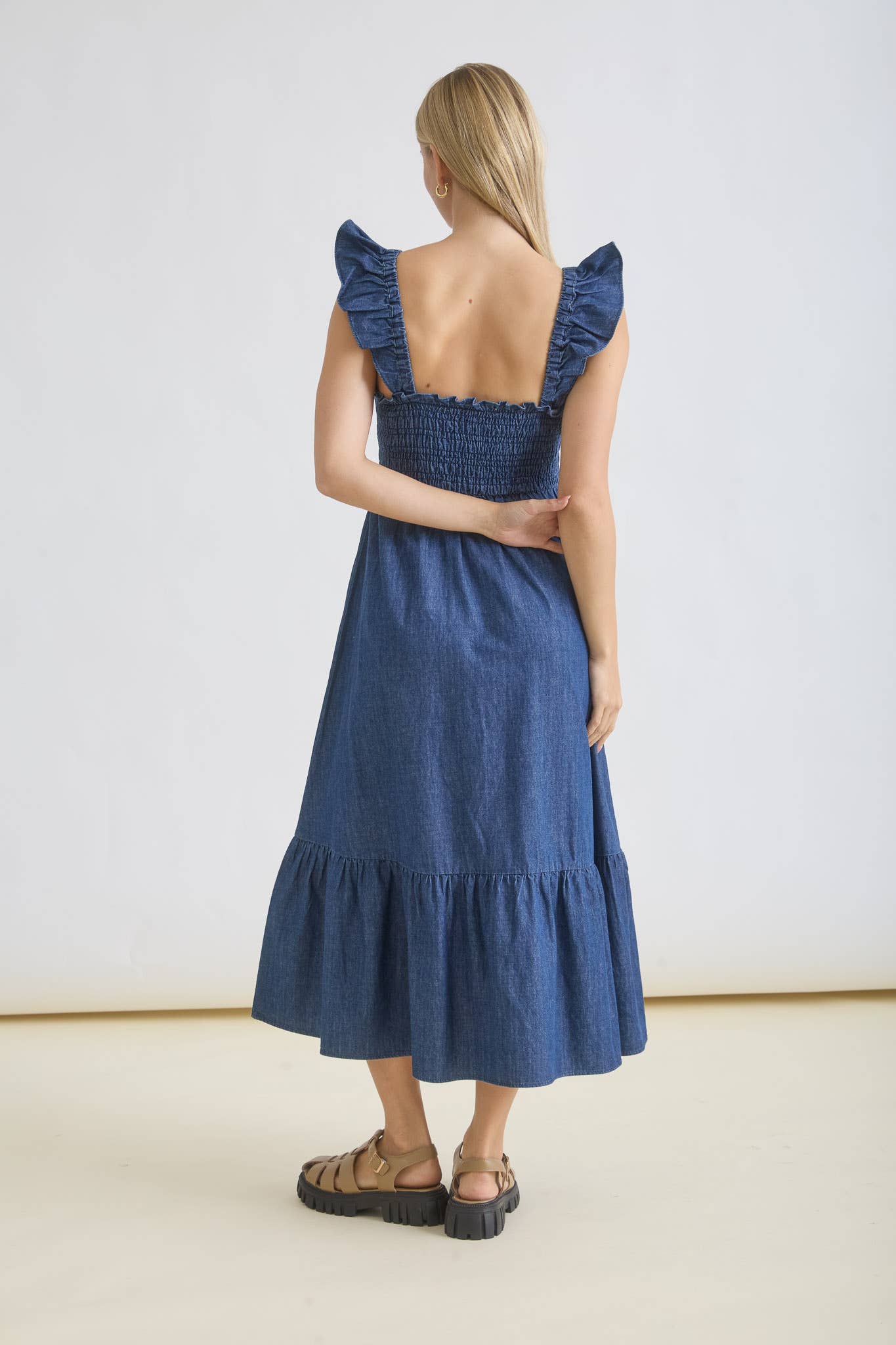 Denim Ruffle Strap Smocked Midi Dress