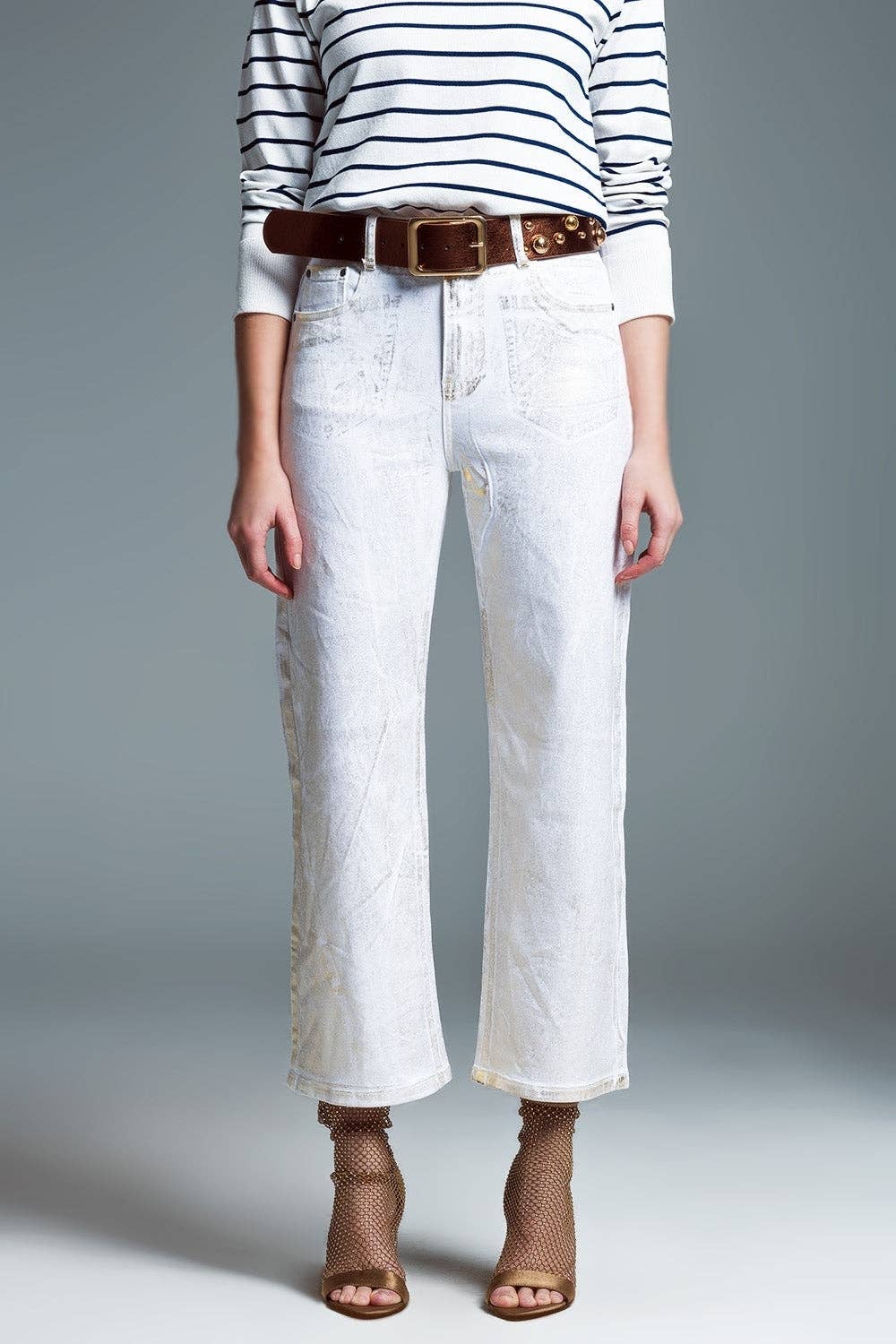 White Wide Leg Jeans w/ Metallic Finish