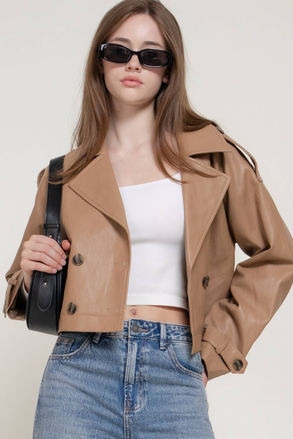 Faux Leather Cropped Trench Coat
