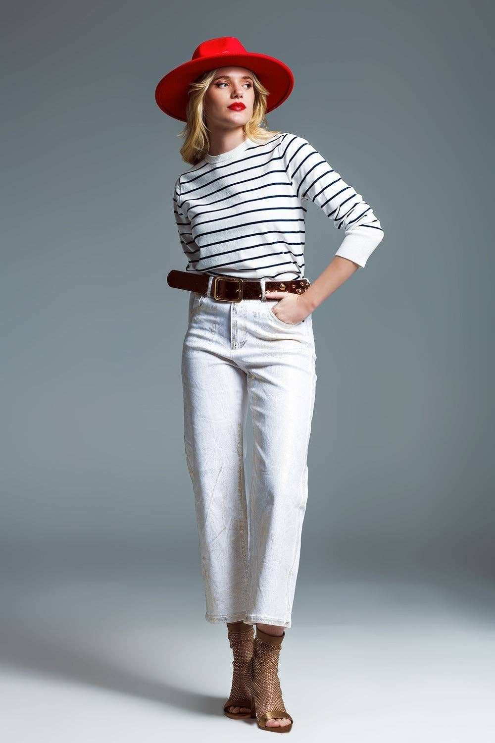White Wide Leg Jeans w/ Metallic Finish
