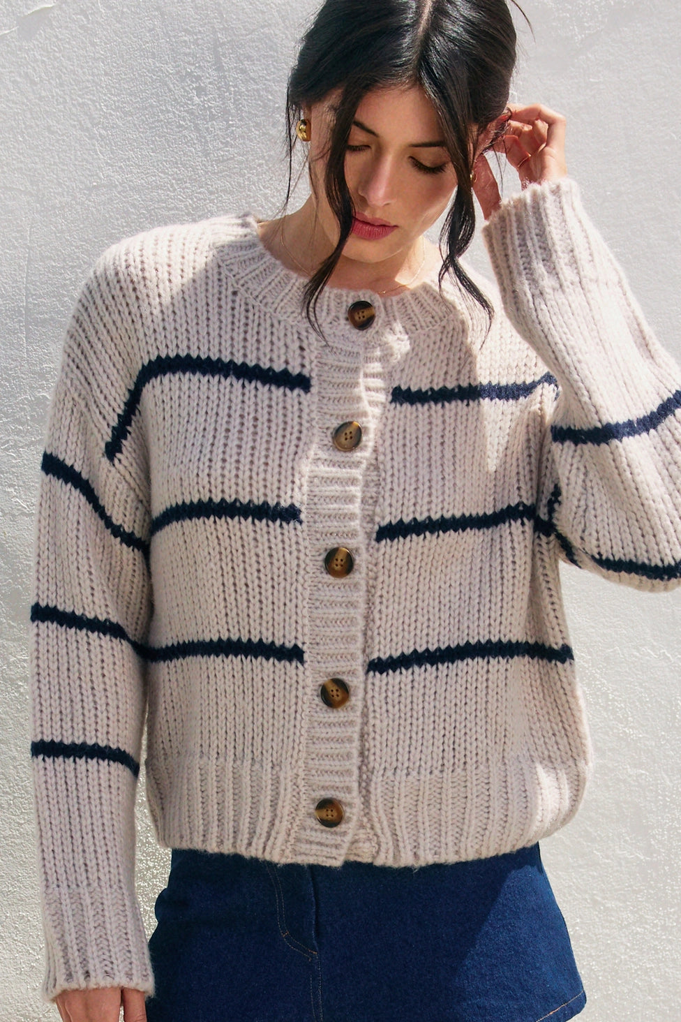 Striped Round Neck Button Knit Cardigan