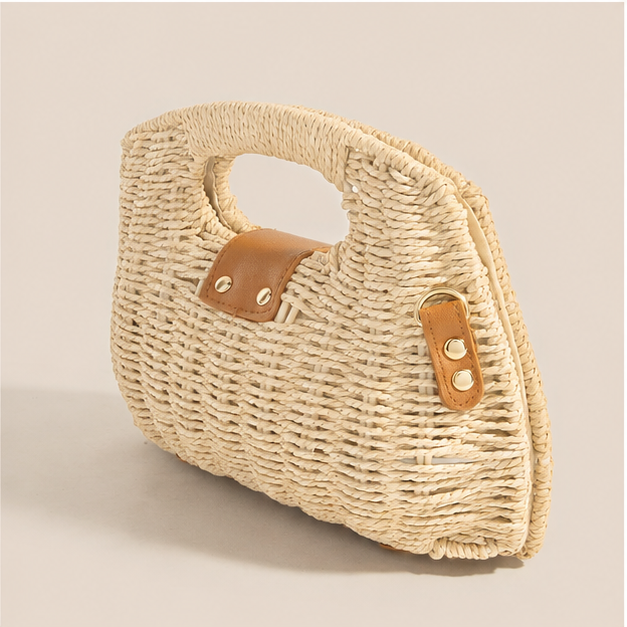 Leather Strap Accent Braided Hand Bag
