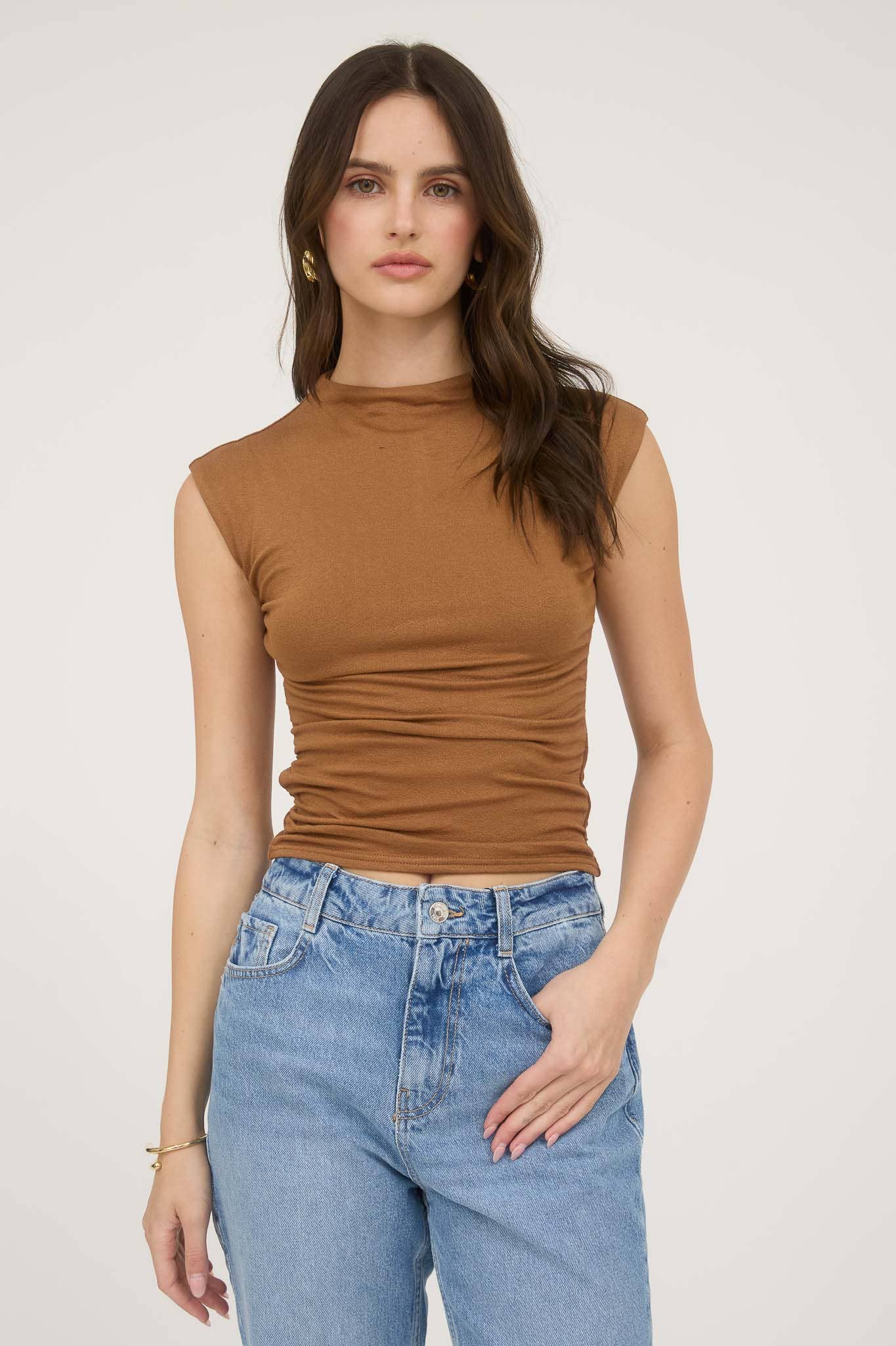 White Reversible Funnel Neck Scrunch Knit Top