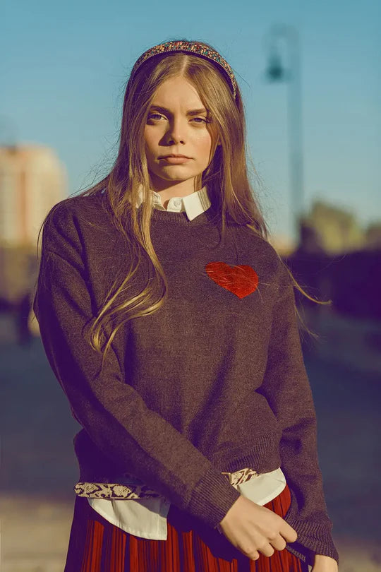 Crew Neck Grey Heart Sweater