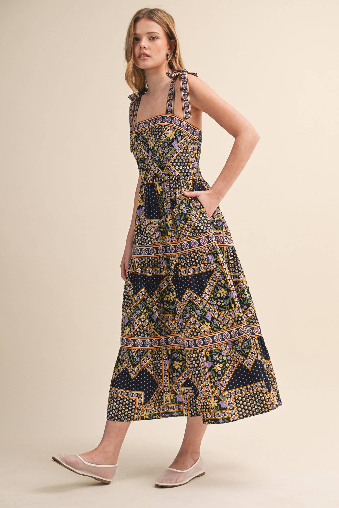 Patchwork Tie Strap Midi Dress