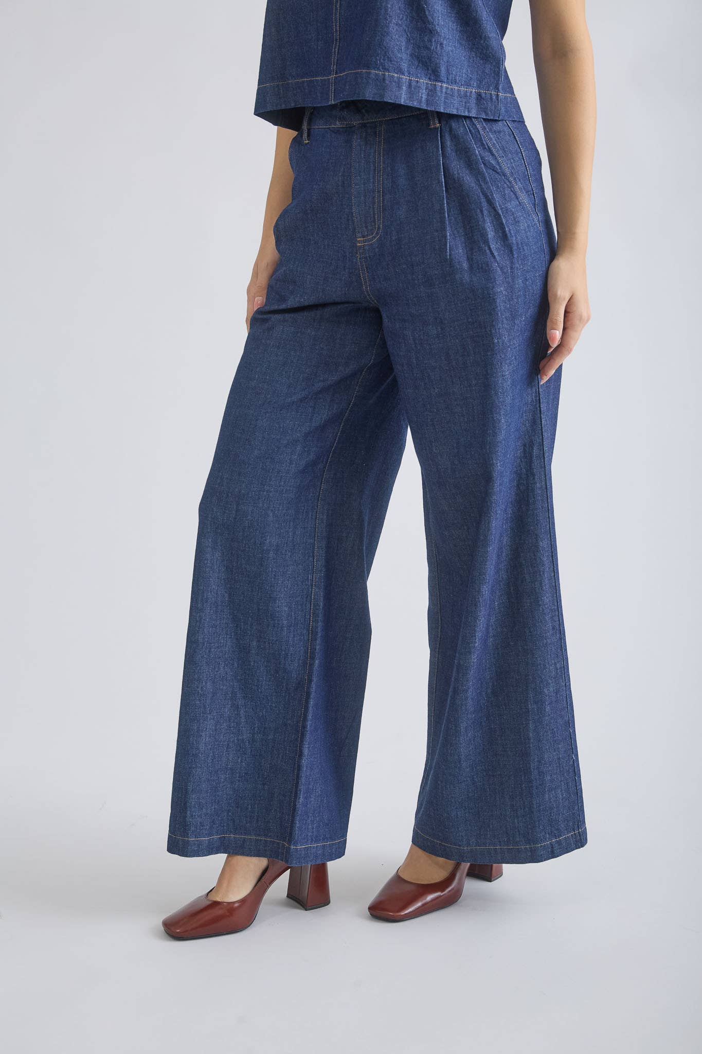 High Waist Pleated Wide Leg Denim Pants