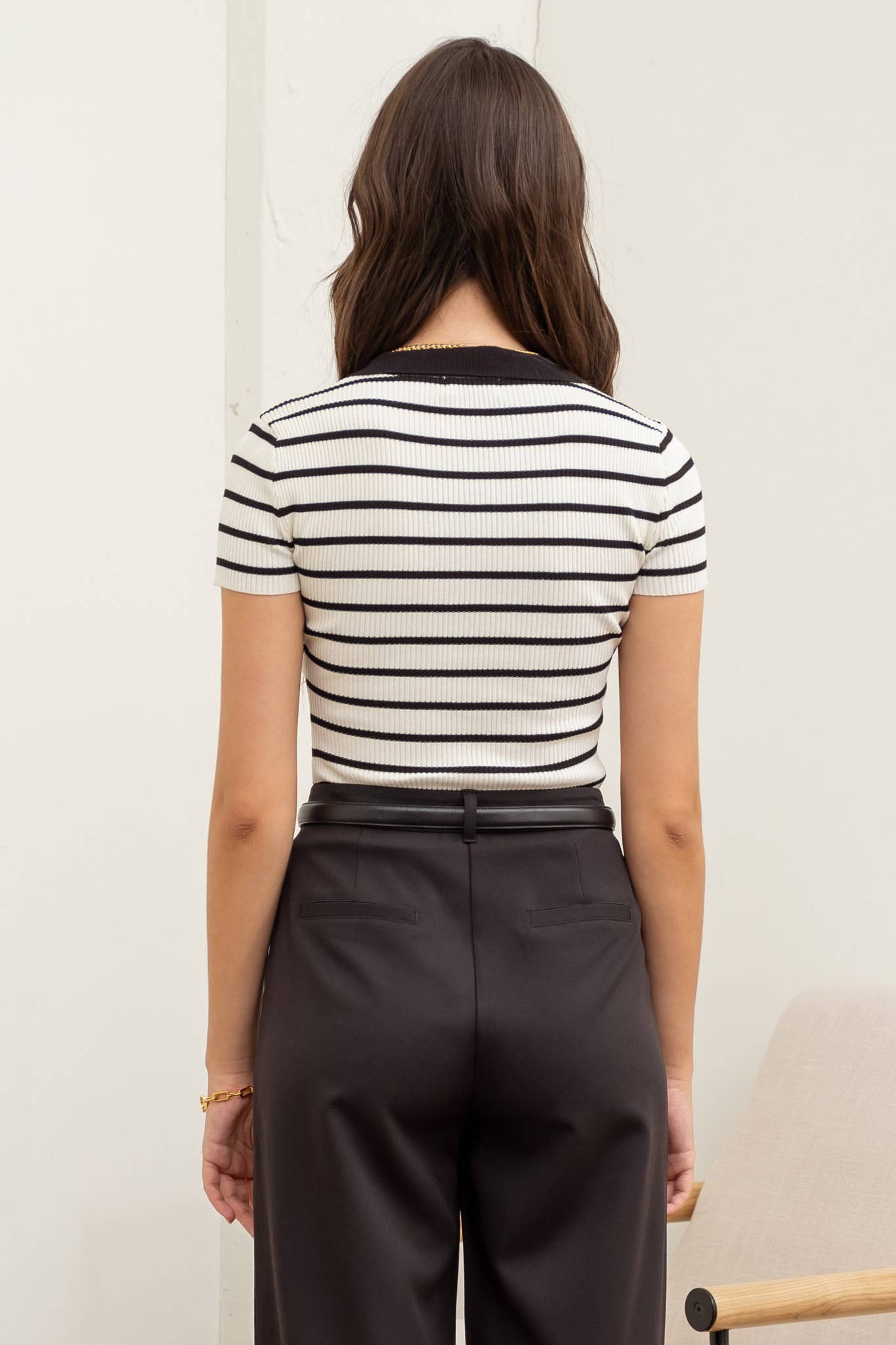Stripe Collared Short Sleeve Sweater Knit Top