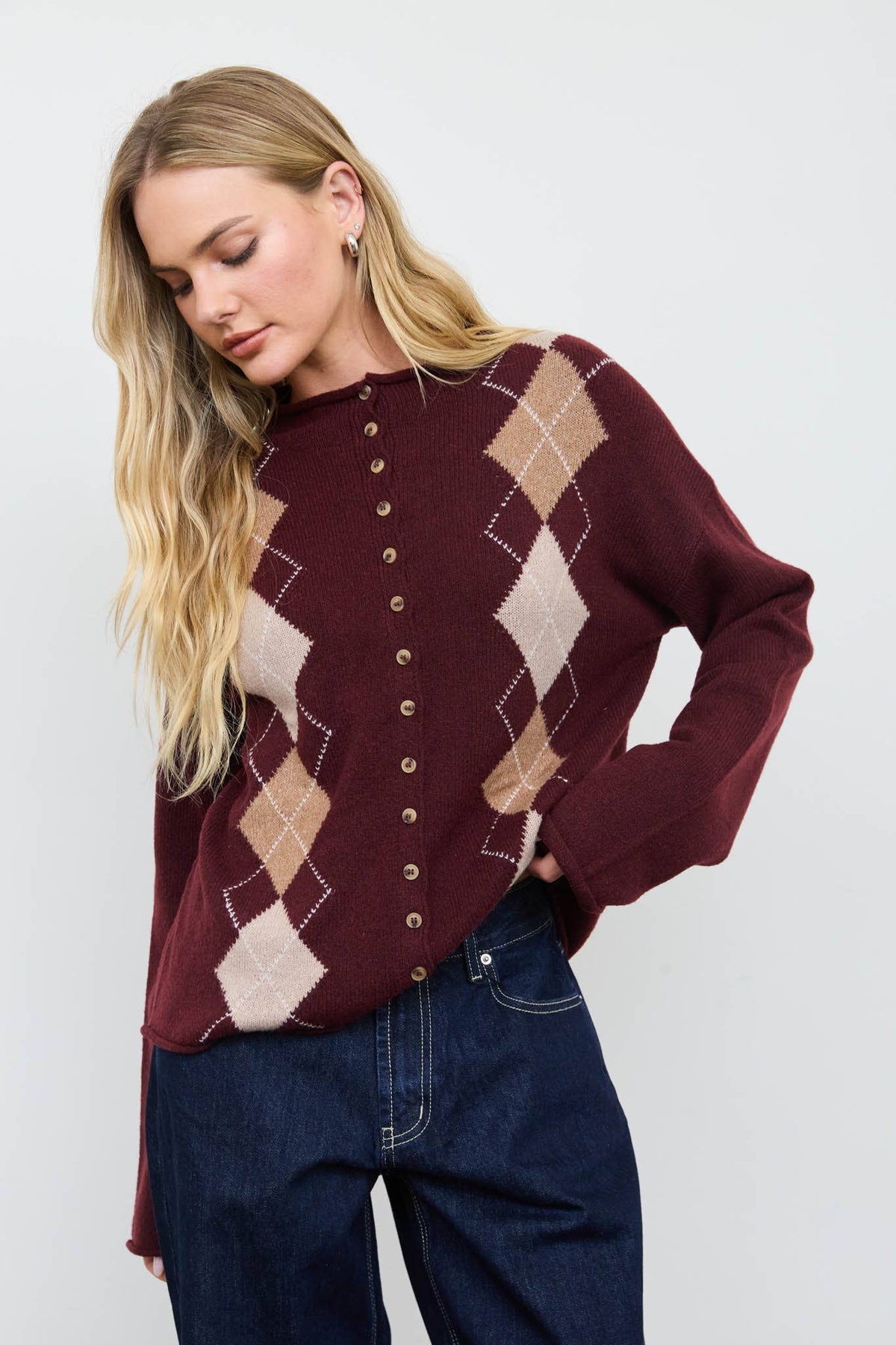 Argyle Mock Neck Button Down Cardigan