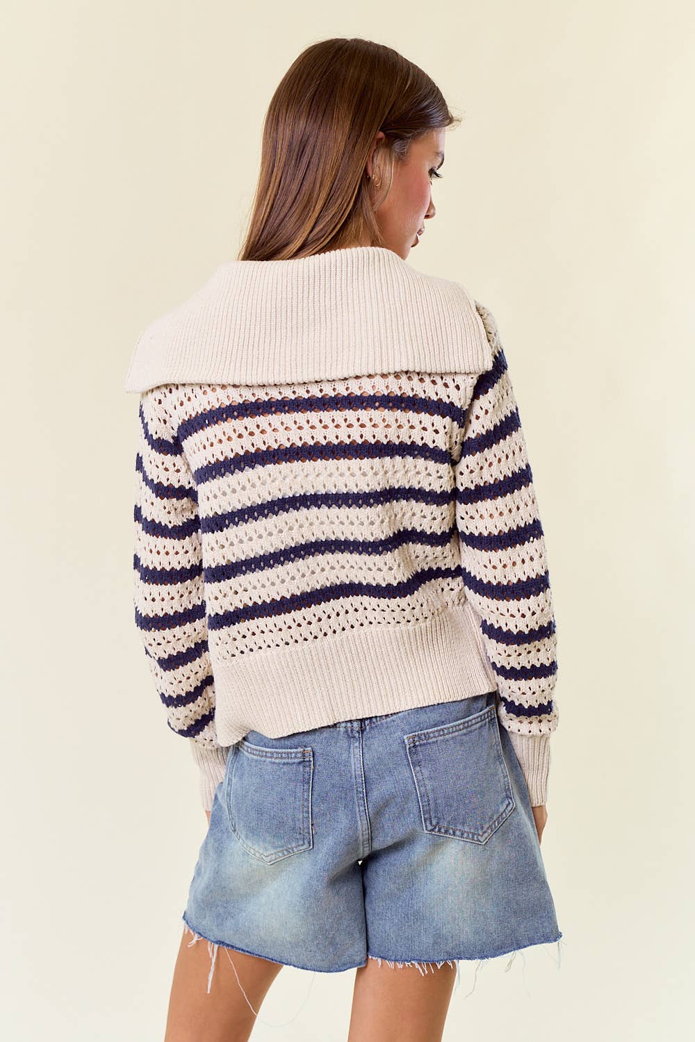 Zip-Up Striped Open Knit Sweater