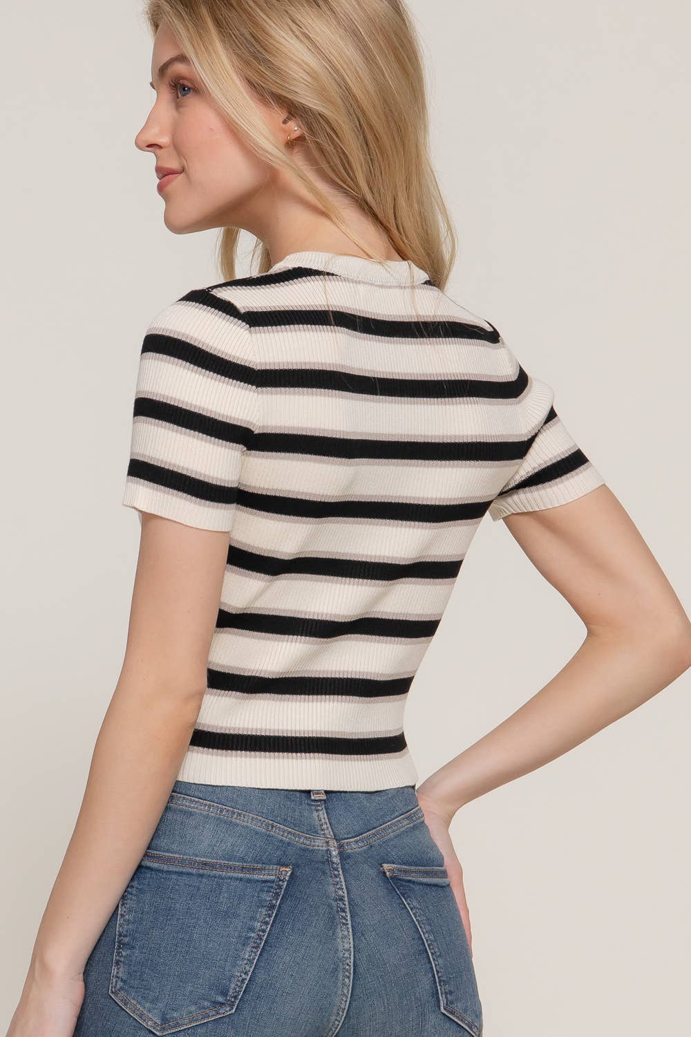 Short-Sleeve Ribbed Multi-Stripe Top