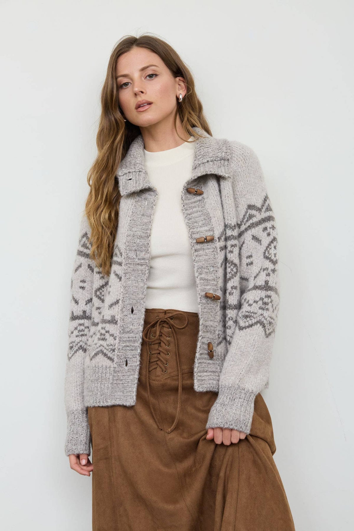 Toggle Button Fair Isle Knit Cardigan