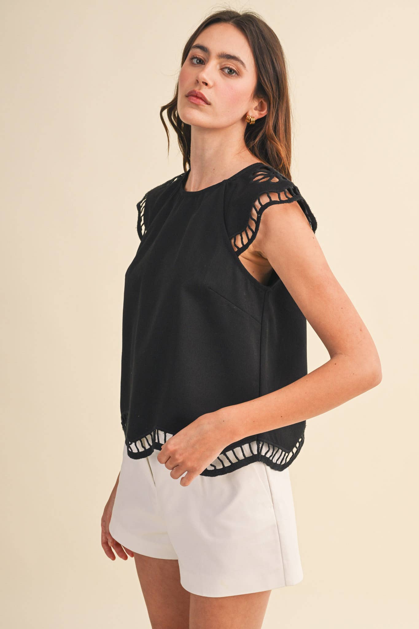 Embroidered Cut-Out Cap Sleeve Top