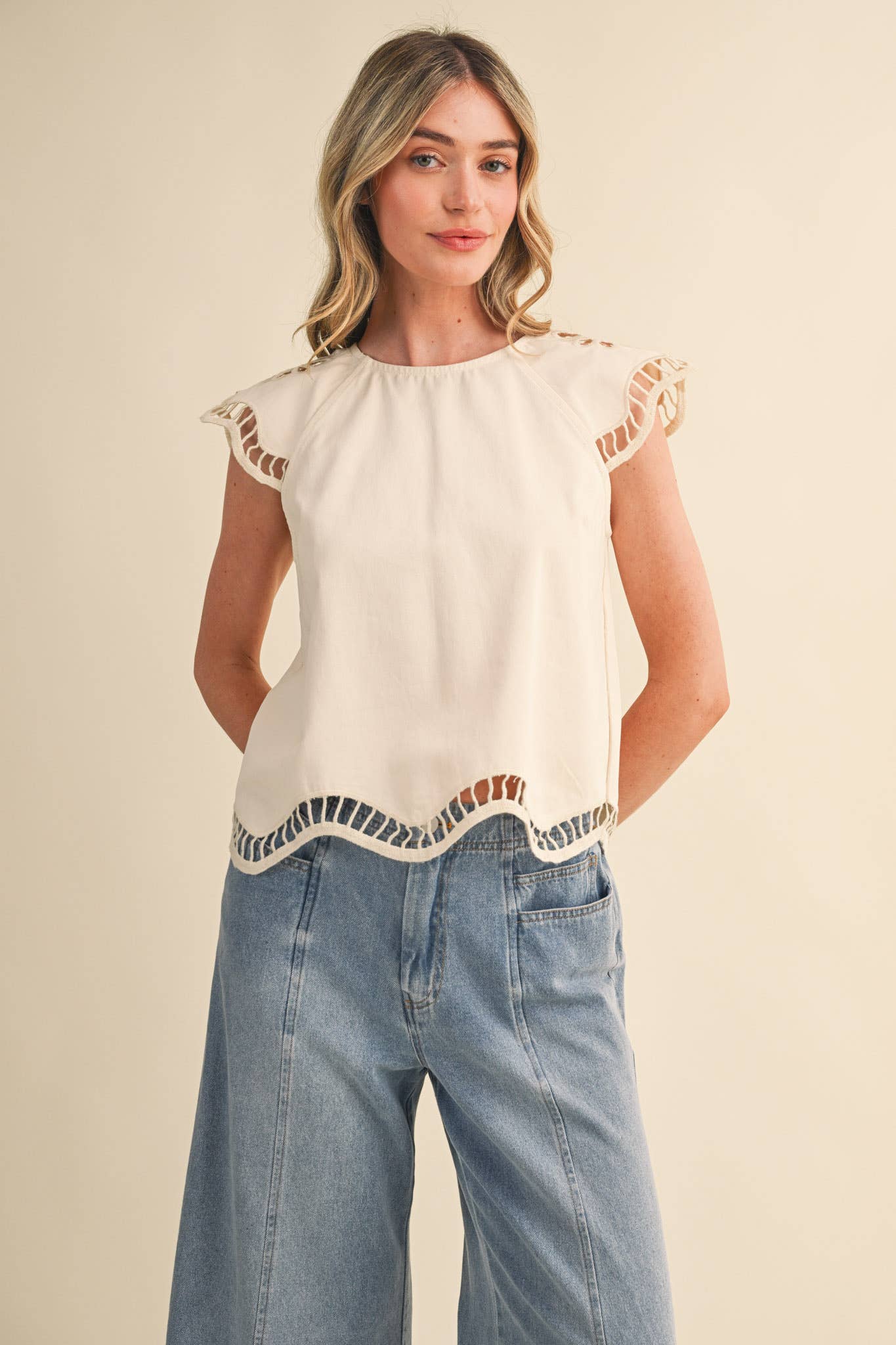 Embroidered Cut-Out Cap Sleeve Top