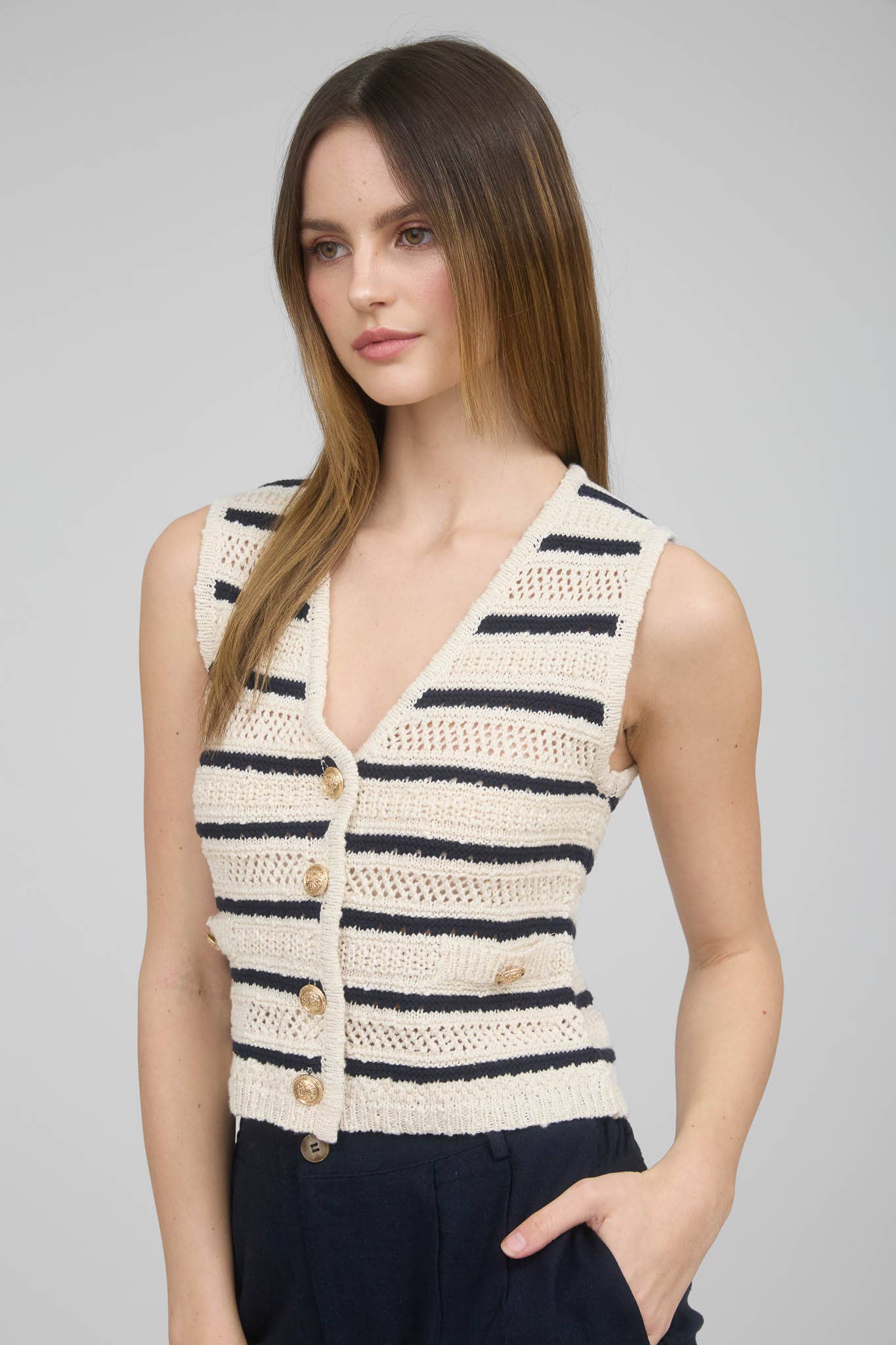 Striped Gold Button Crochet Vest